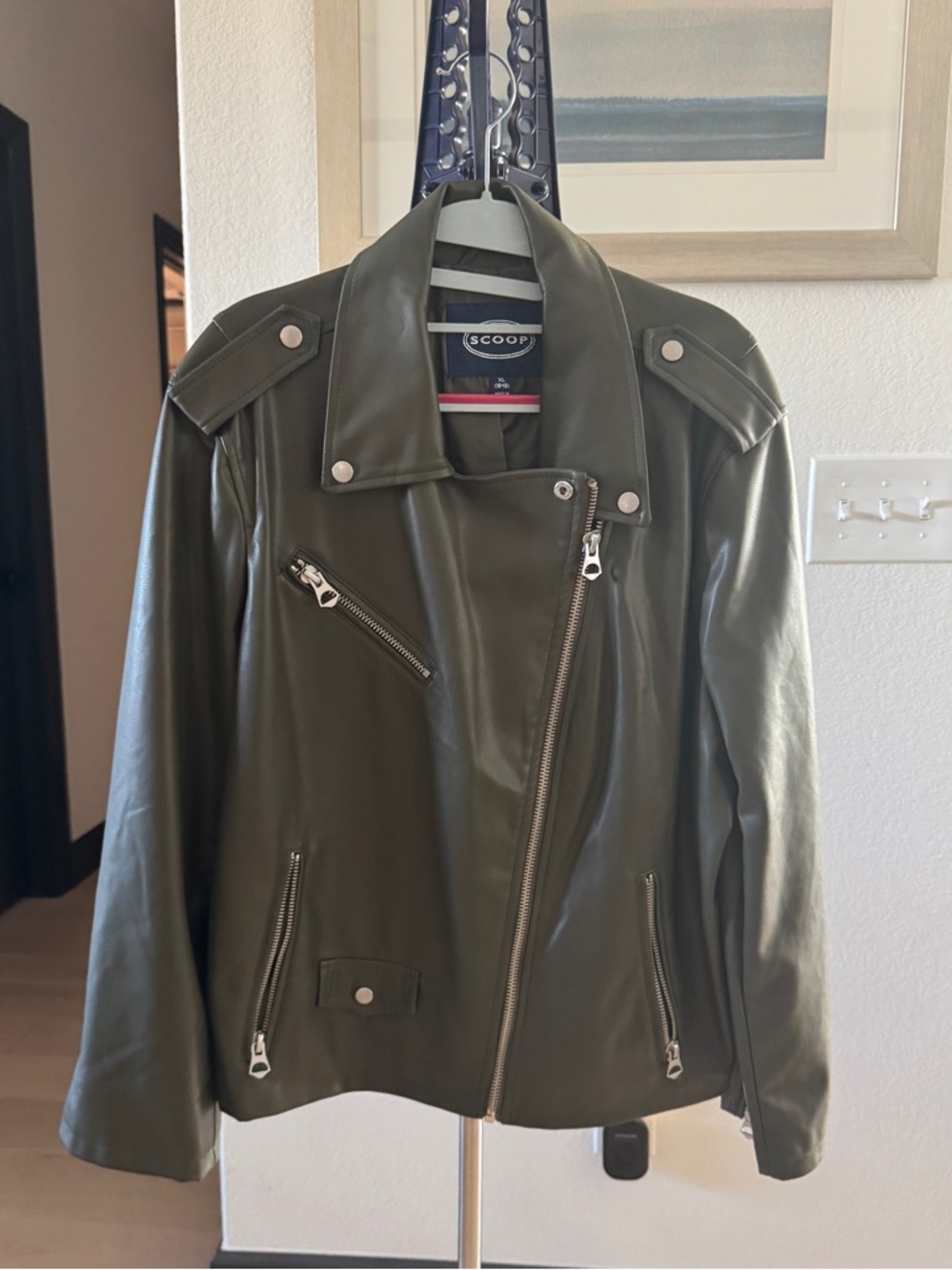 Scoop Olive Green Faux Leather Moto Jacket XL (16–18) Zip Front